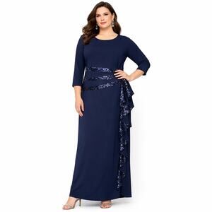 R&M Richards Size 16 Sequin Ruffle Maxi Dress Navy Blue Long Evening Stretch